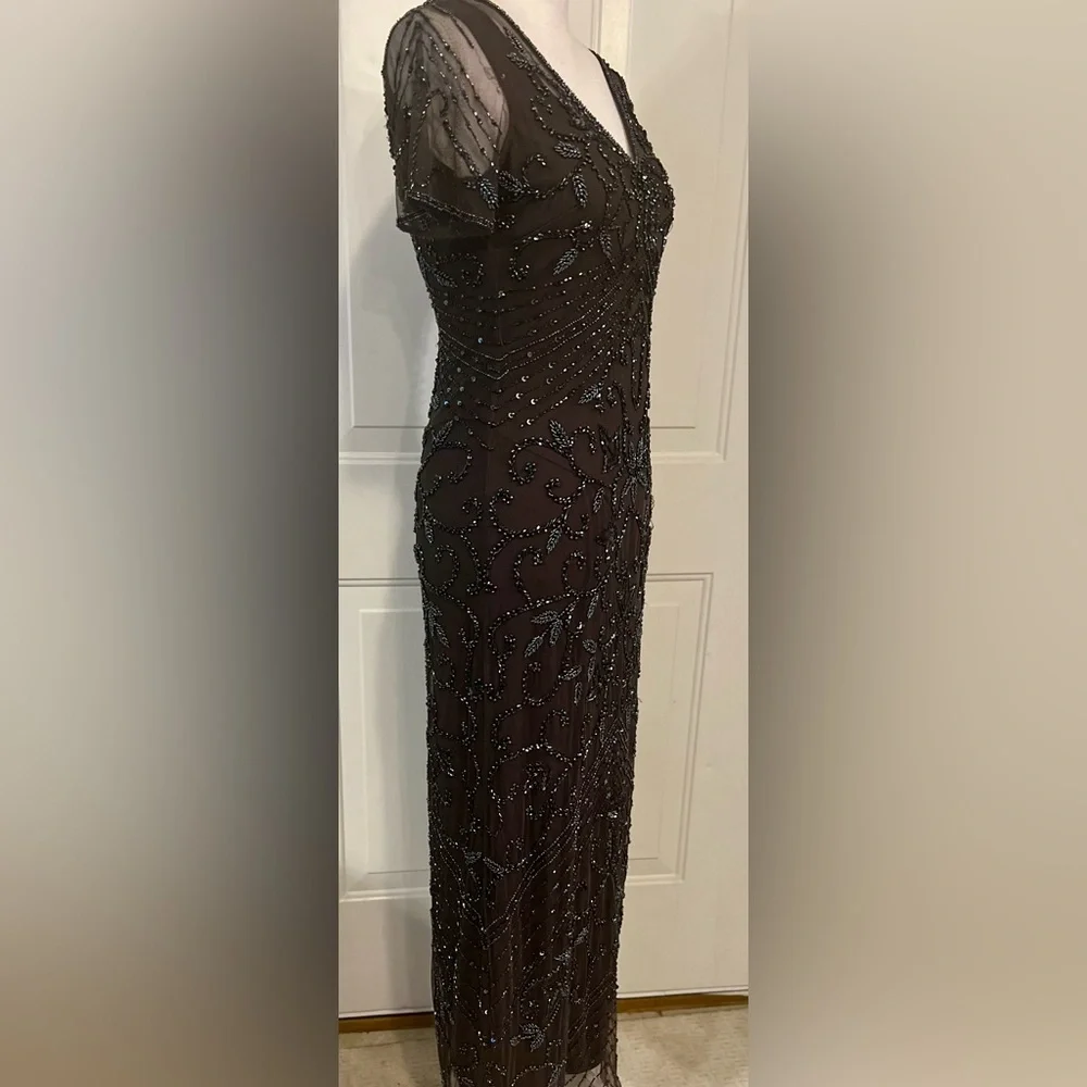 Pisarro Nights Cosmic Navy Beaded Gray Mesh Column  Formal Party Gown Size 4 - Picture 6 of 11